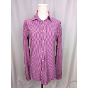 Polo Ralph Lauren Knit Dress Shirt Women M Purple Stripe Button Embroidered Pony